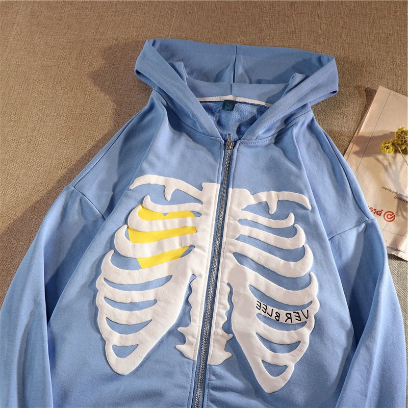 American Fashion Skeleton Printing Anime Men Women Long-sleeved Zipper Hoodie Jacket Skull Pattern Loose Streetwear Y2K Pullover