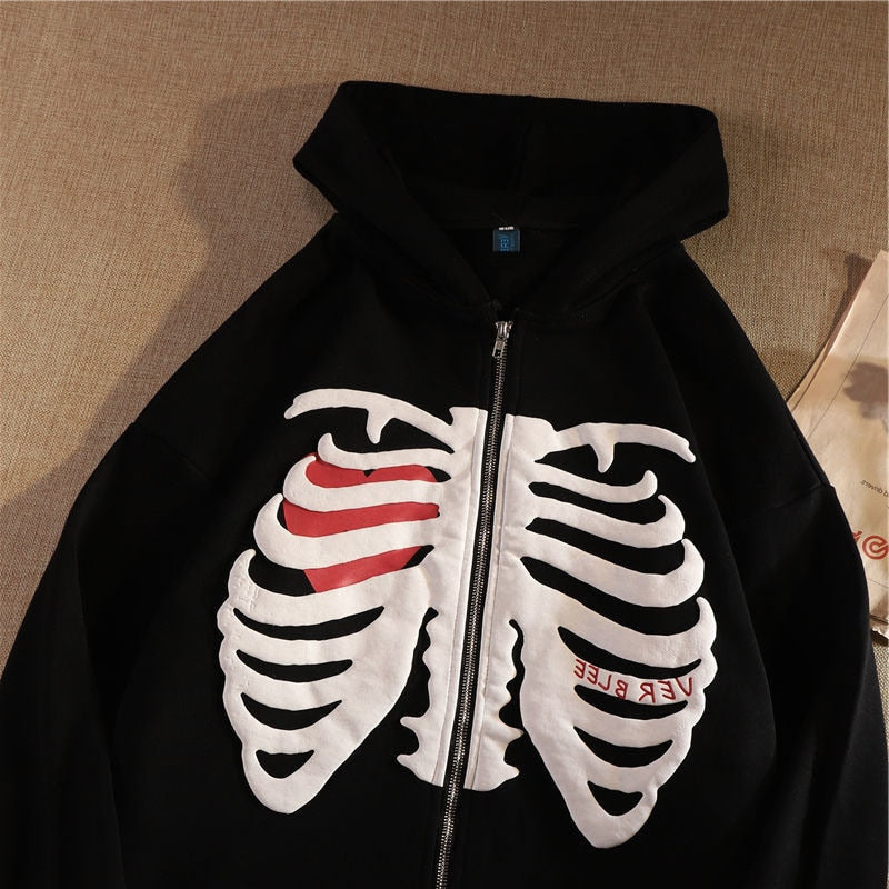 American Fashion Skeleton Printing Anime Men Women Long-sleeved Zipper Hoodie Jacket Skull Pattern Loose Streetwear Y2K Pullover