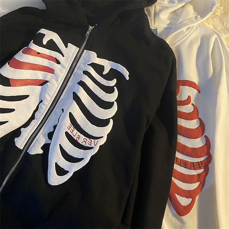 American Fashion Skeleton Printing Anime Men Women Long-sleeved Zipper Hoodie Jacket Skull Pattern Loose Streetwear Y2K Pullover