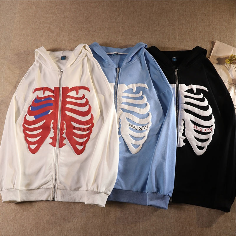 American Fashion Skeleton Printing Anime Men Women Long-sleeved Zipper Hoodie Jacket Skull Pattern Loose Streetwear Y2K Pullover