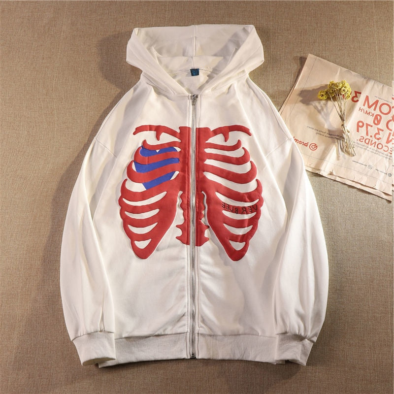 American Fashion Skeleton Printing Anime Men Women Long-sleeved Zipper Hoodie Jacket Skull Pattern Loose Streetwear Y2K Pullover
