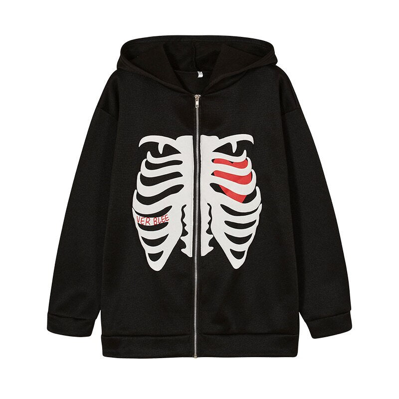 American Fashion Skeleton Printing Anime Men Women Long-sleeved Zipper Hoodie Jacket Skull Pattern Loose Streetwear Y2K Pullover